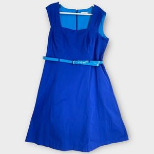 Calvin Klein Atlantis Blue Sleeveless Square Neck Belted Dress Pockets 16W